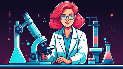 A female scientist looks through a microscope. A female laboratory assistant working at a table wearing a medical mask and rubber gloves. Cartoon illustration isolated on dark background.