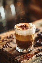 Aromatic layered cappuccino with frothy foam and cocoa powder