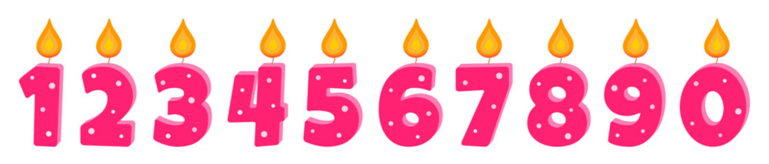 Set of pink candles for birthday greeting card design, vector. Cake candles for an anniversary, holiday, celebration.