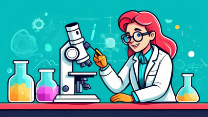A female scientist looks through a microscope. A female laboratory assistant working at a table wearing a medical mask and rubber gloves. Cartoon illustration isolated on turquoise background.