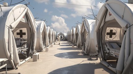 Rows of medical tents equipped with beds and supplies in a temporary outdoor hospital.