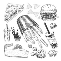 Set of fast food. Sketch style french fries, cheesecake, bubble tea, burger, sandwich, chips, chicken nuggets, dipping sauce. Hand drawn collection of street food isolated in white background