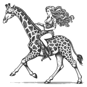 recommend clip art: woman in vintage attire riding a giraffe, drawn in a classic style sketch engraving generative ai fictional character vector illustration. Scratch board imitation. Black and white image.