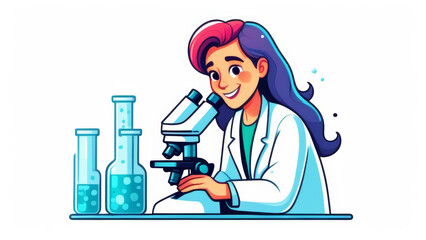 A female scientist looks through a microscope. A female laboratory assistant working at a table wearing a medical mask and rubber gloves. Cartoon illustration isolated on white.