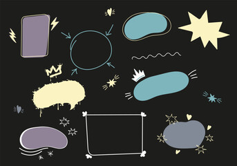 Simple doodle frame for text title. Line decoration simple speech bubble set with comic cloud, balloon, arrow element, stars, harts. Hand drawn doodle sketch style. Vector illustration.