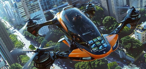 A futuristic flying car with two wings and four propeller blades, in an urban environment.