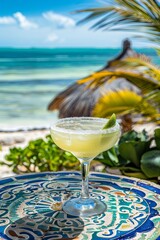 Tropical beach margarita cocktail on colorful mosaic table