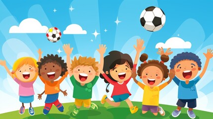 A group of children are playing soccer in a field. They are all smiling and having fun. Concept of joy and camaraderie among the children as they engage in a fun outdoor activity