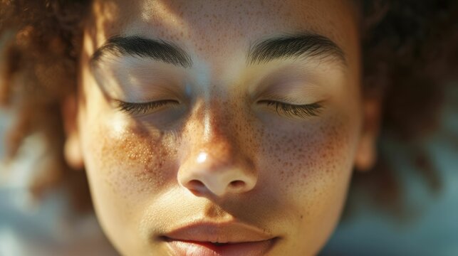 The close up picture captures the person practicing meditation, with eyes closed in a state of peace and tranquility, the meditation require skills like concentration and emotional regulation. AIG43.