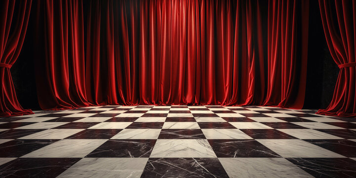 Red velvet curtains on checkered marble floor. Elegant red velvet curtains cascade onto a striking black and white checkered marble floor, setting a sophisticated stage atmosphere