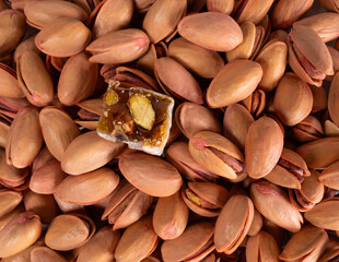 Turkish delight with pistachios cut on peanuts