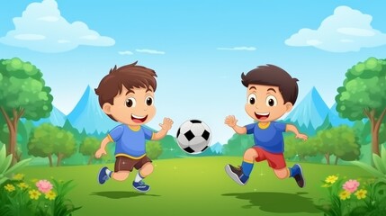 Two boys playing soccer in park. One boy is holding a soccer ball. other boy is running towards ball. Asian children guarding the goal in football flat design side view playing goalkeeper animation