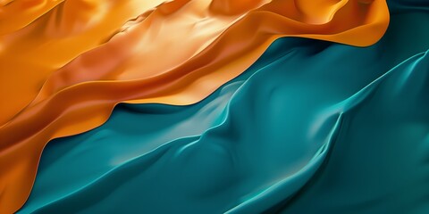 Flowing Fabric Waves: Smooth Teal and Orange Gradient Textures, Ideal for Abstract Backgrounds and...