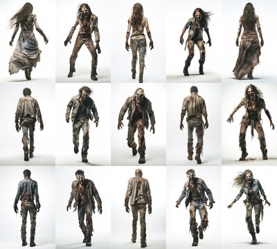 set of horror zombies. full view. front and back view. Man and woman zombie. undead rotten post apocalyptic zombie figures in several poses. Ideal for book covers, movie posters, banners and posters.