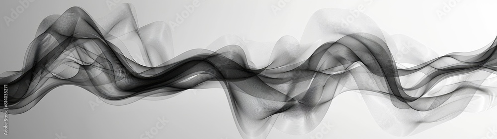 Poster a surreal scene with abstract waves and figures done in black and gray tones, with an emphasis on li