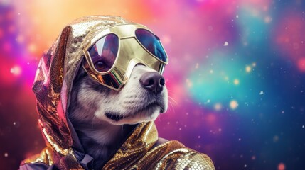 Dog in Gold Costume Wearing Sunglasses