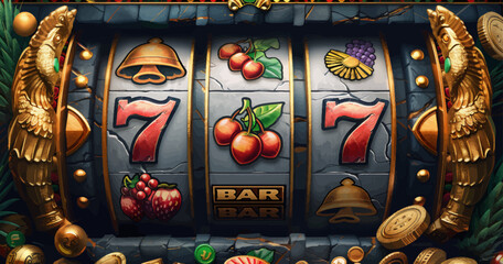 slot machine featuring classic lucky symbols like fruits, bars, and the number seven, set against a festive backdrop generative ai vector illustration.
