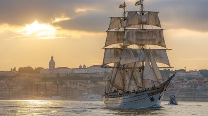 The Tall Ships Races in Lisbon Portugal a spectacular maritime event where tall ships from around the world gather for a race along the Tagus River accompanied by a festival of nautical activities mus