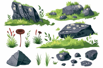 Empty stone caves entrance in the forest and jungle. Wild caves opened on lawn among the trees. Old den in rock with dark passage to underground depths. Vector illustrations set isolated