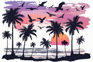 Pink beach sunshine grunge palm and biach in vintage style on white background. Sunset light. Vector silhouette.