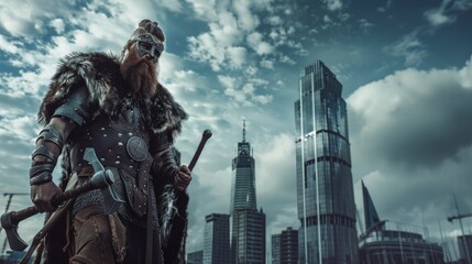 Fototapeta premium Viking warrior in modern city
