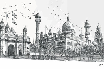 Taj Mahal an ancient Palace in India. landmark or architecture, hindu Temple. Traditional mausoleum-mosque. engraved hand drawn in old sketch.