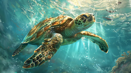 A sea turtle, exquisitely detailed, with a mottled green and brown shell, and translucent flippers, gracefully swims in the clear blue sea.







