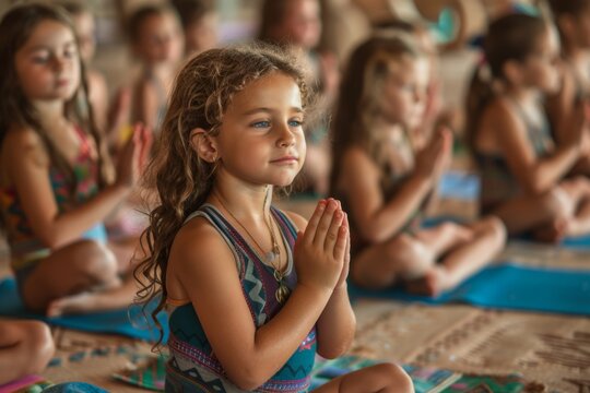 Kids in a children's yoga class in the lotus position