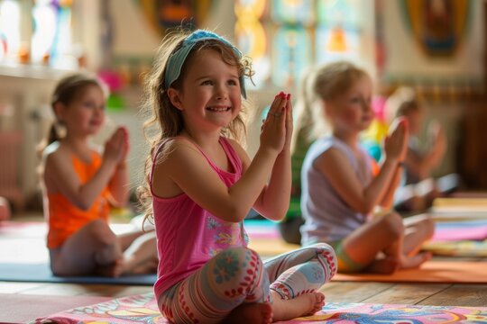 Kids in a children's yoga class in the lotus position