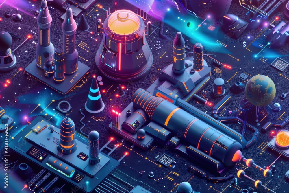 Poster a futuristic space station with a spaceship and various objects. suitable for science fiction concep