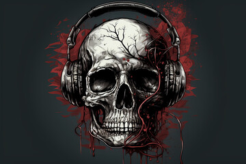 Skull wearing headphones on black background art.