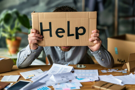 Man overwhelmed by paperwork seeking help