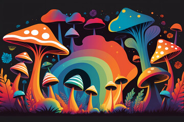 Colorful mushrooms background Vibrant artwork on black backdrop.