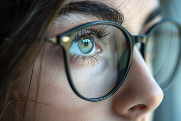 Woman wearing glasses closeup, vision problems concept