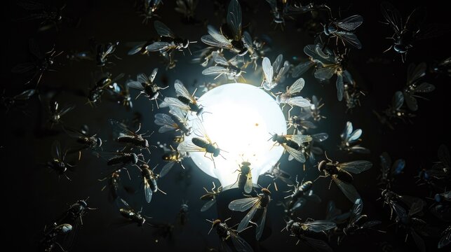 Group of flies circling a glowing light bulb, suitable for illustrating attraction to light sources