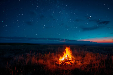 A Tranquil Countryside Prairie Night: Campfire Glowing in the Foreground Under a Majestic Starry Sky. No people.