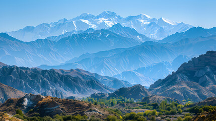 A photo of the Hindu Kush mountains, with snow-capped peaks as the background, during a clear morning