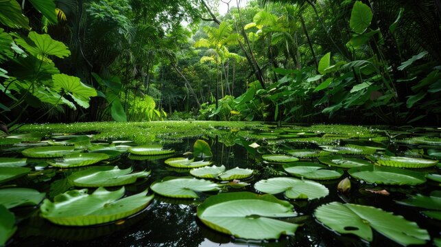 Lush green forest with pond full of lilies