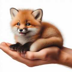 real photo little Fox on hand smiles widely Isolated on white background