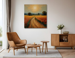 Elegant modern living room featuring a vibrant landscape painting, cozy leather armchair, and minimalist wooden furniture with a serene ambiance