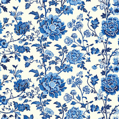 Chinese Traditional Ornament Seamless Pattern, toile pattern, print design, vector Chinoiserie floral pattern, blue