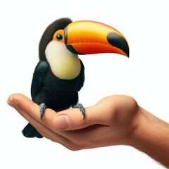 Fototapeta premium side view real photo small Toucan on hand smiles widely Isolated on white background