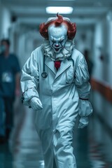 Creepy photo of a person in clown makeup and wig, wearing a white medical suit and stethoscope, walking sinisterly through a hospital corridor