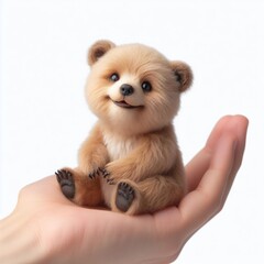 Fototapeta premium real little bear sit on hand smiles widely Isolated on white background