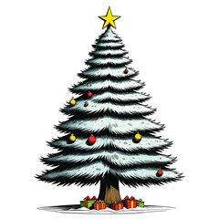 Christmas Tree With Christmas Lights and Gift Boxes and Stars