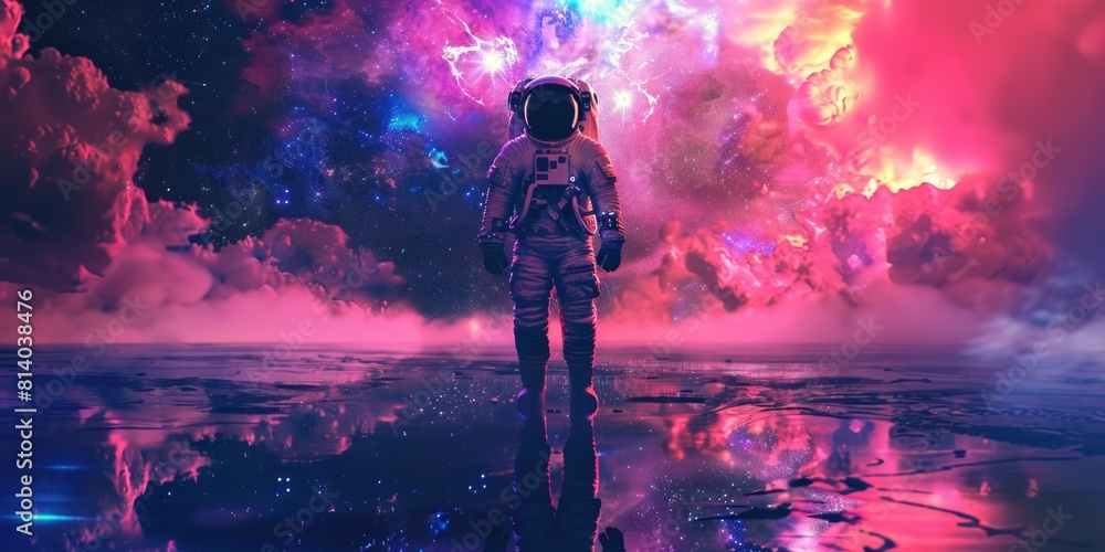 Sticker Man in spacesuit stands on planet with purple sky