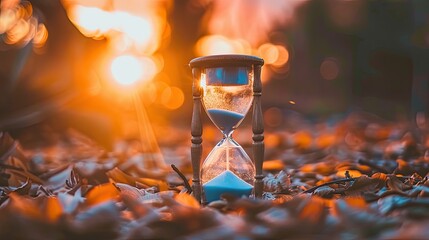 time symbolized by an hourglass against a serene natural backdrop.