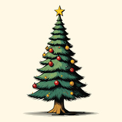 Christmas Tree With Christmas Lights and Star Vintage Engraved Tree