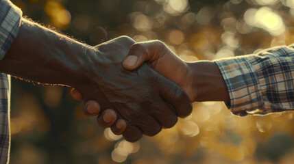 Close-up of a heartfelt handshake between a father and son, symbolizing trust and bonding, against a warm sunset backdrop