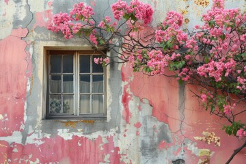 Window of an old house with a flowering tree